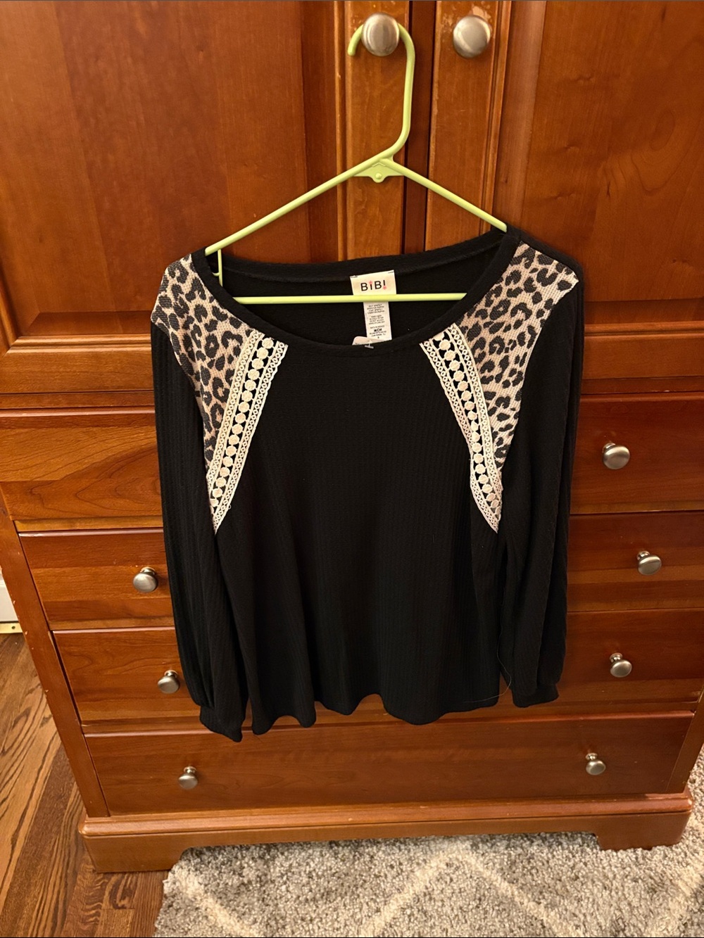BiBi Black Long-Sleeve Top with Leopard Print Shoulder Panels and Lace Trim